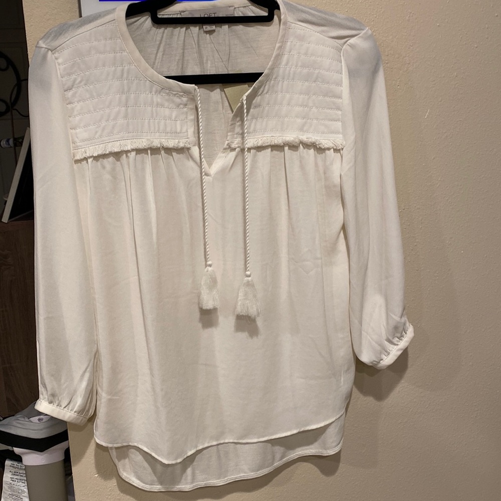 Loft long sleeve blouse with cute features. NWT, never worn. Mixed materials.